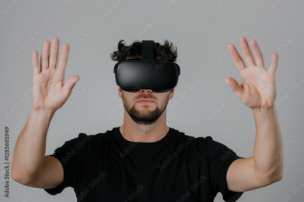 Man wearing VR headset interacts with virtual environment in studio setting Man wearing VR headset interacts with virtual environment in studio setting