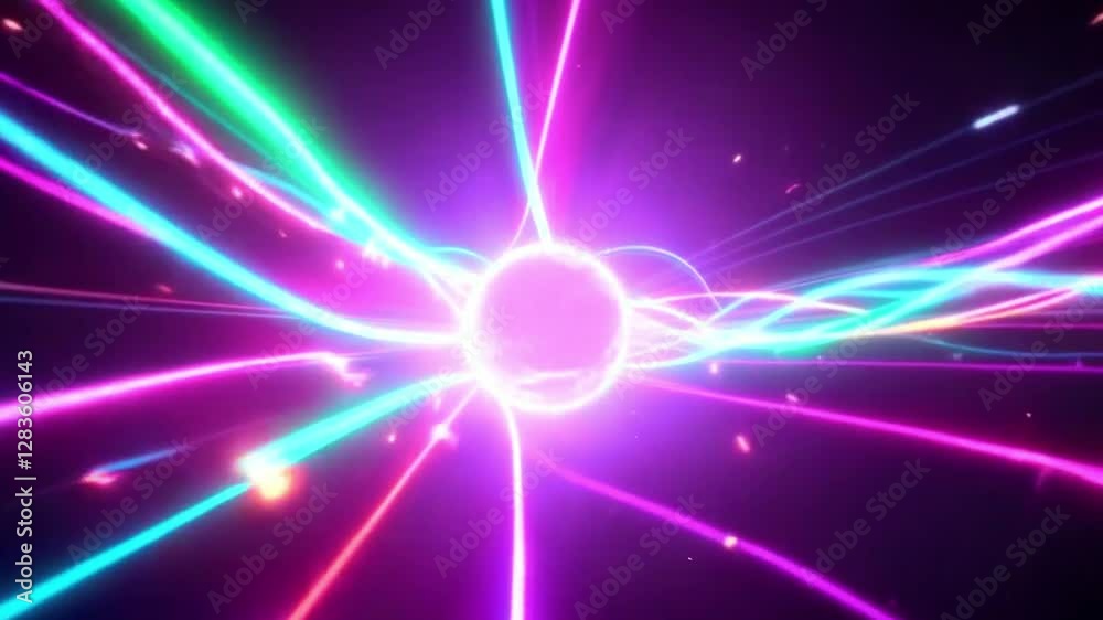 A bright, colorful, and abstract representation of a light source or explosion, with lines and beams of light emanating from the center.