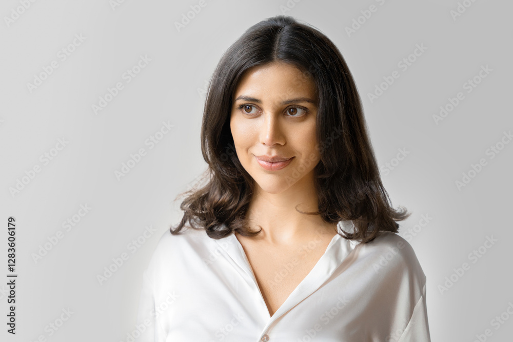 Smiling latin or eastern middle age female ceo leader businesswoman looking aside on grey background. Closeup headshot isolated face portrait of beautiful successful hispanic young business woman Smiling latin or eastern middle age female ceo leader businesswoman looking aside on grey background. Closeup headshot isolated face portrait of beautiful successful hispanic young business woman