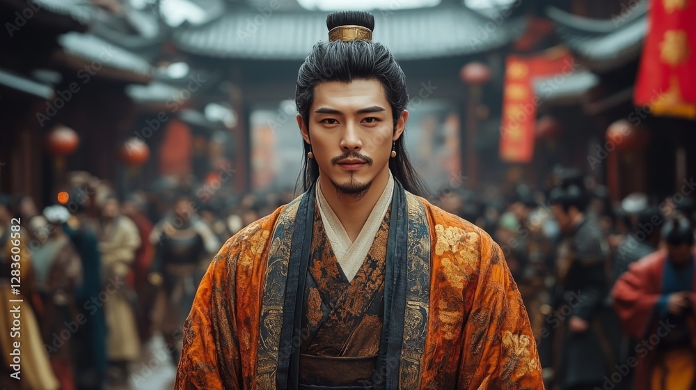 Fototapeta premium Man in Ancient Chinese Costume Portrait in Vibrant Historic Setting