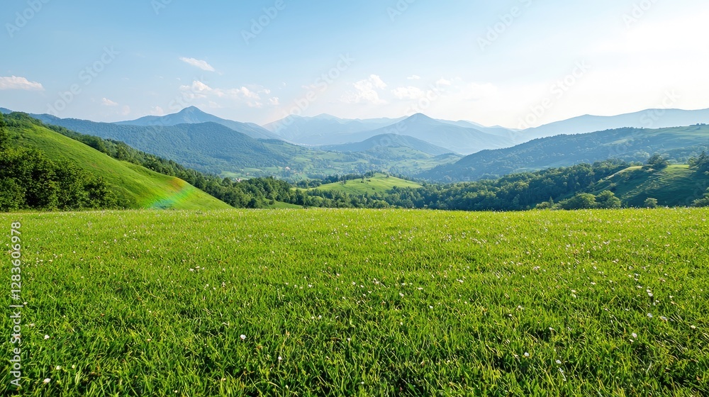 Fototapeta premium Expansive Mountain Meadow Landscape Under Blue Sky