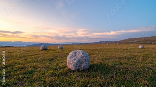 Round Stones on Grassy Hilltop at Sunrise