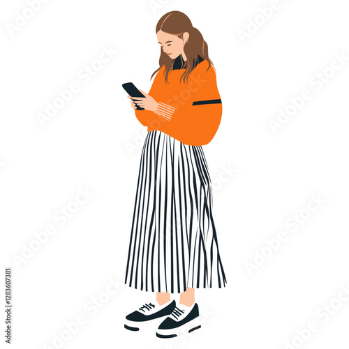Young girl using phone skirt illustration fashion vector