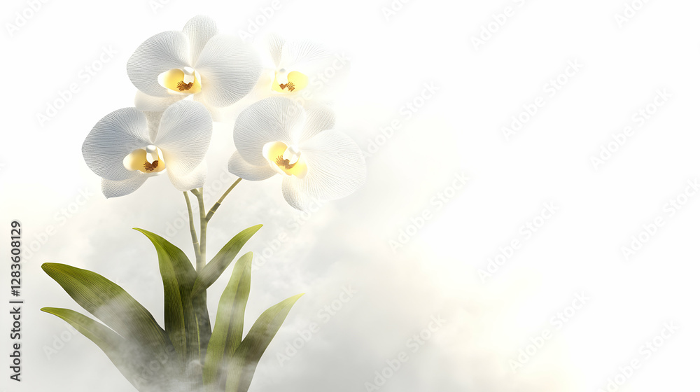 Elegant White Orchids in Misty Air, Serene Beauty Blooms Gracefully, Evoking Tranquility and Peace in a Soft, Gentle Atmosphere. Elegant White Orchids in Misty Air, Serene Beauty Blooms Gracefully, Evoking Tranquility and Peace in a Soft, Gentle Atmosphere.