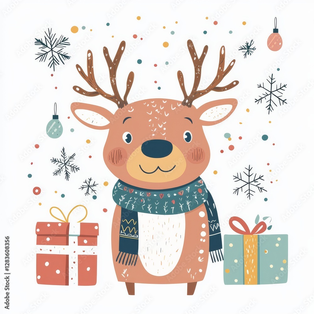 Naklejka premium Cute Reindeer Christmas Card: An adorable cartoon reindeer, wearing a cozy scarf, stands happily beside wrapped gifts amidst snowflakes and festive ornaments. Perfect for holiday greetings.