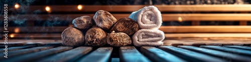 Relaxing sauna scene with hot stones and fluffy towels. photo