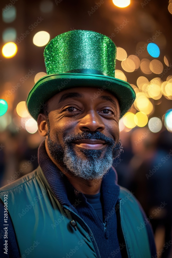 St. Patrick's Day portrait of an Afro-Latina man with a radiant smile, wearing a green leprechaun hat, a casual dark blue pullover, and a light green vest. Cinematic night city street 