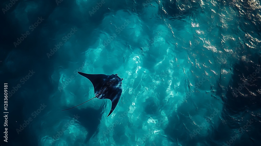 Fototapeta premium Manta Ray Swimming Gracefully in Tropical Ocean Waters Aerial View