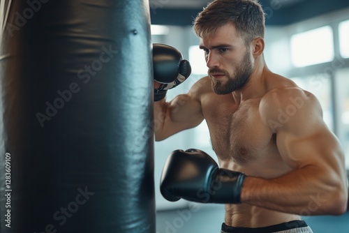 Muscular man punching boxing bag in gym
