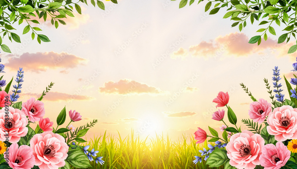 Obraz premium Sunrise over floral meadow with green leaves border, party, invitation, bachelorette party invitation, wedding, anniversary, background, copy space