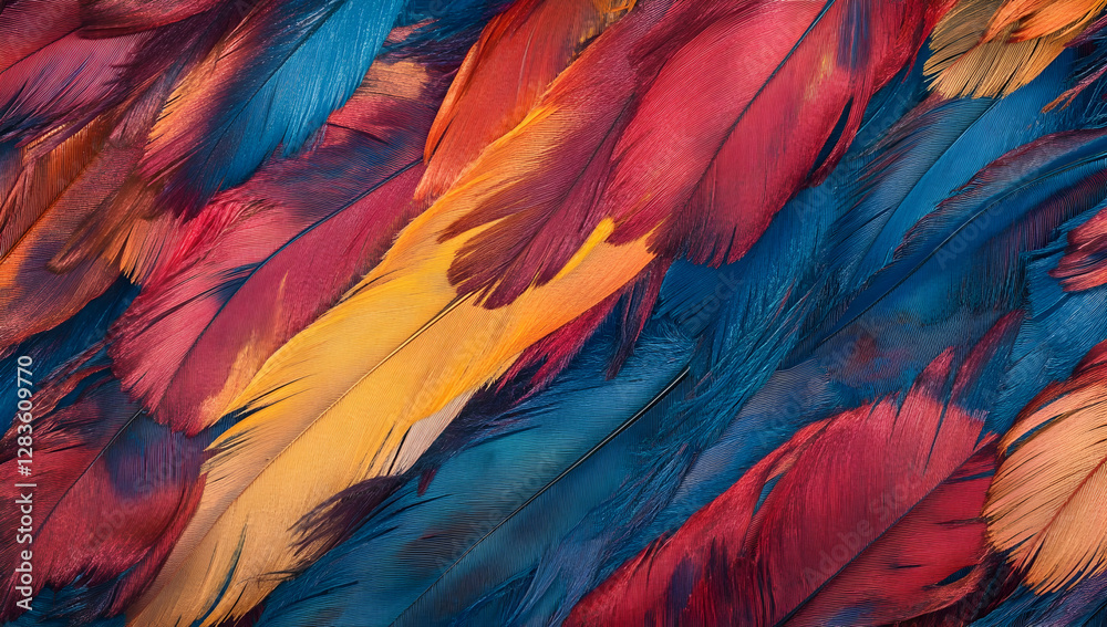 Fototapeta premium Close-up of colorful parrot feathers, featuring vibrant red, blue, and yellow colors in a photo-realistic 