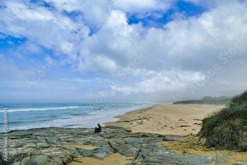Lonely person sitting on a rock at a deserted beach with hazy dunes. Lagoon Beach, on the east coast of Tasmania, Australia
 photo