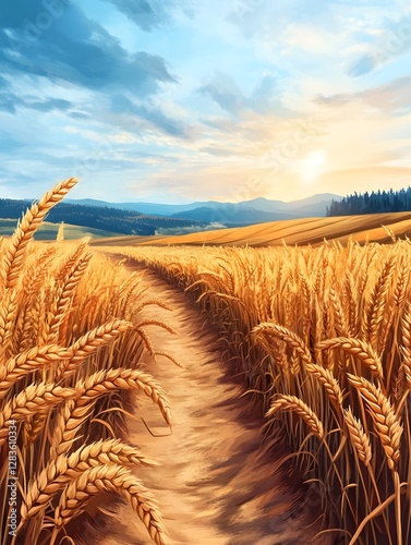 Sunlit ruts on dirt roads and golden wheat fields