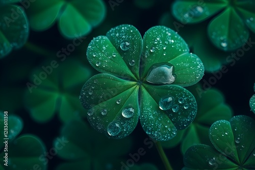 Closeup of shamrock leaves covered in fresh dew drops, symbolizing luck and prosperity. Perfect for St. Patrick’s Day themes, Irish heritage, and nature-inspired designs with freshness and elegance