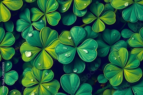 Vibrant shamrock leaves covered in fresh dew drops, symbolizing luck and prosperity. Perfect for St. Patrick’s Day themes, Irish heritage, and nature-inspired designs with freshness and elegance