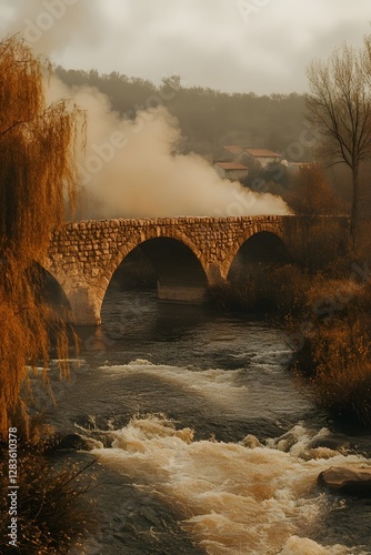 The ancient bridge and willow trees under the sunset glow
