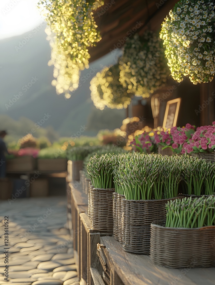 Fototapeta premium Green asparagus attracts customers' attention at the agricultural market