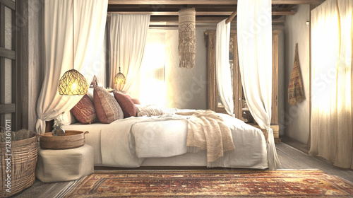 Here's an easy-to-understand sentence for naming the image:
Cozy and luxurious bedroom with bed, furniture, and soft bedding for a comfortable sleep experience photo