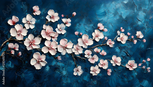 3D oil painting of cherry blossoms on dark blue background, pink and white flowers, floral art, elegant, fantasy