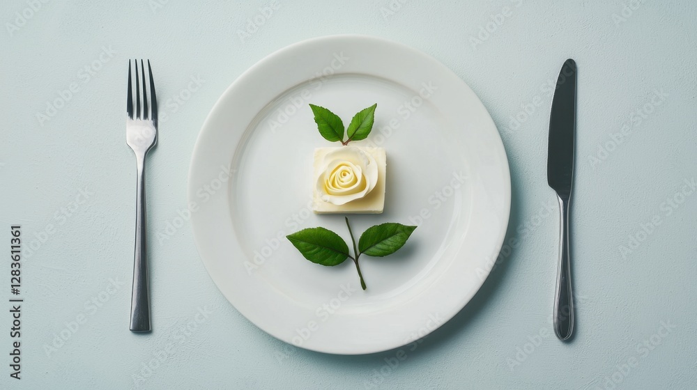 Elegant Presentation of Minimalist Dessert on White Plate with Green Leaves and Silver Cutlery on Soft Blue Background for Culinary Inspiration Elegant Presentation of Minimalist Dessert on White Plate with Green Leaves and Silver Cutlery on Soft Blue Background for Culinary Inspiration
