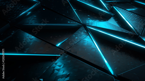 A futuristic abstract background with glowing blue lines and dark triangular surfaces, creating a high-tech and modern aesthetic.