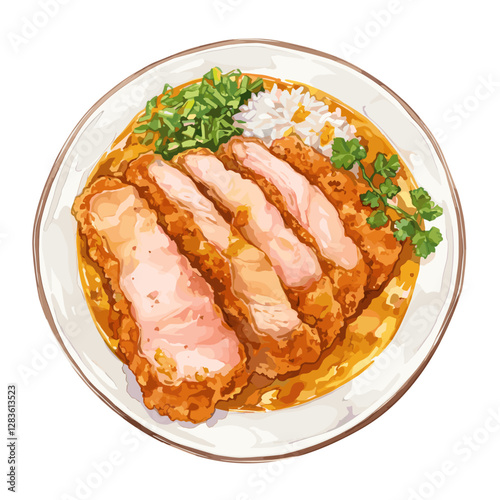 Deep fried pork with curry and rice curry on plate illustration watercolor style vector