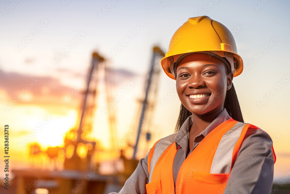 Portrait of a smiling female engineer wearing safety helmet and vest, posing at sunset in a shipyard with crane in the background Portrait of a smiling female engineer wearing safety helmet and vest, posing at sunset in a shipyard with crane in the background