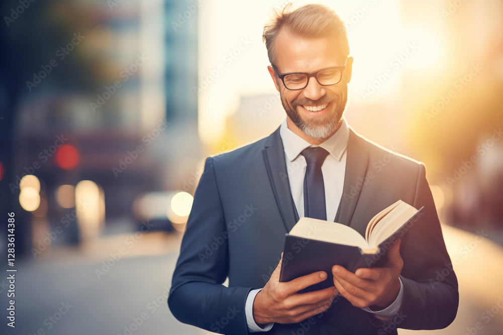 Happy businessman enjoying his break in the city, reading a book while savoring moments of relaxation and personal growth outdoors Happy businessman enjoying his break in the city, reading a book while savoring moments of relaxation and personal growth outdoors