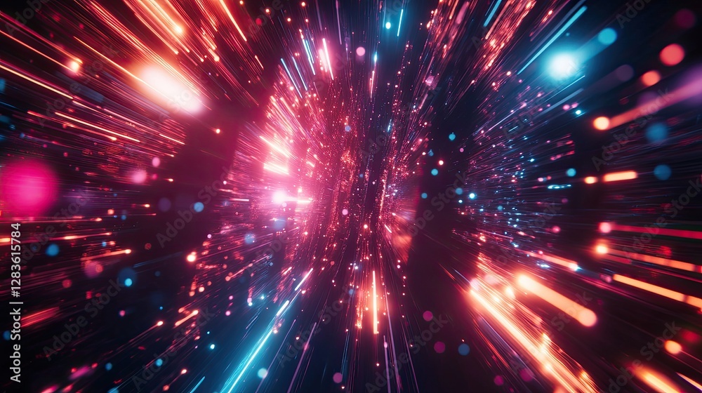 Naklejka premium A colorful, blurry image of a starburst with a bright blue and red center