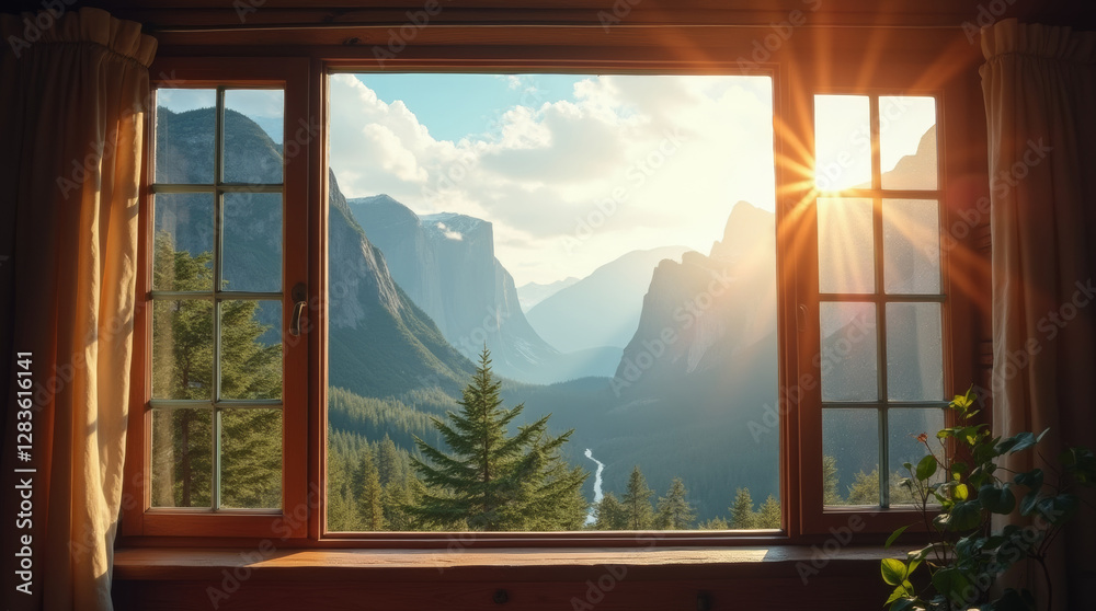 Fototapeta premium Open wooden window overlooking beautiful landscape with mountains, trees, river and sunlight