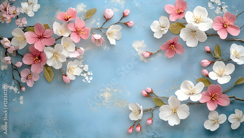 3D background with pink and white flowers on blue wall, cherry blossom painting