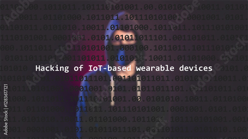 Cyber attack hacking of iot-based wearable devices text in foreground screen, hacker hidden with hoodie in the blurred background. Vulnerability text in binary system code on editor program.