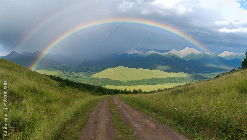 A panoramic view of the Carpathian Mountains with a rainbow arching over them, showcasing green grassy hills and forests under a dramatic sky A panoramic view of the Carpathian Mountains with a rainbow arching over them, showcasing green grassy hills and forests under a dramatic sky