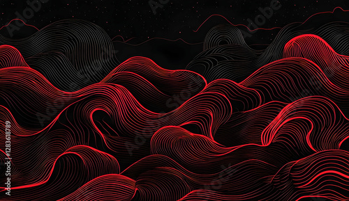 Black background with red waves, a simple vector graphic, an elegant design with simple lines, high resolution, high quality, high detail, high definition, high contrast, high brightness, high saturat
