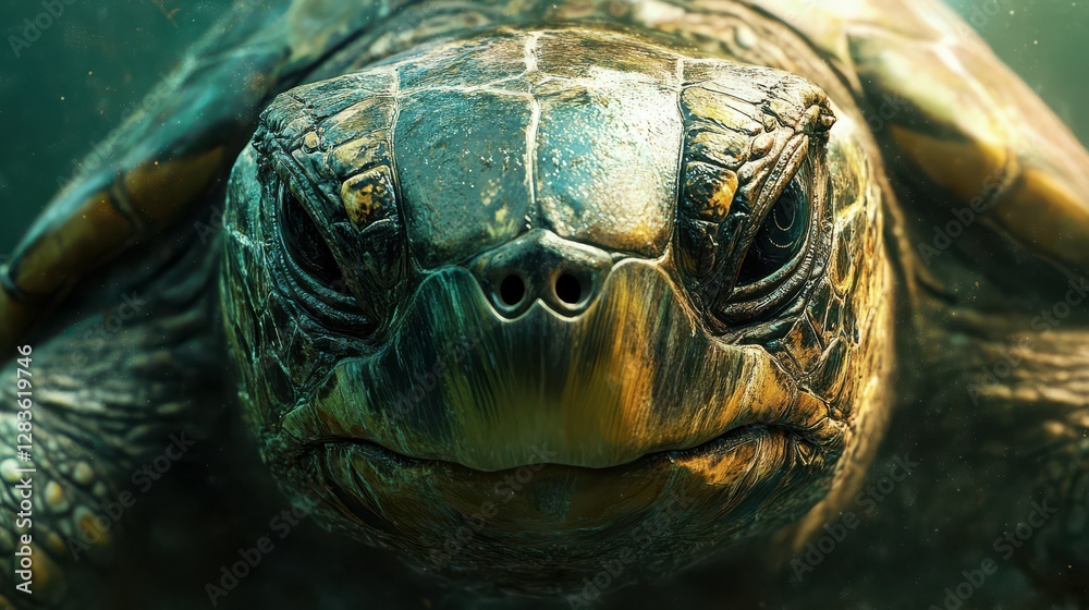 Obraz premium Close-up of a sea turtle underwater with detailed shell texture