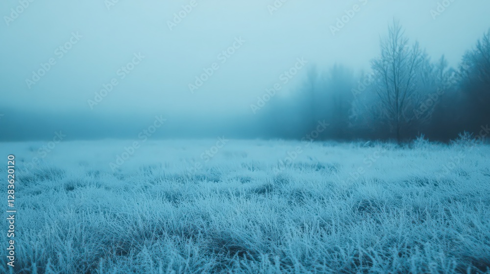 Fototapeta premium Misty Winter Field with Frost-Covered Ground and Trees