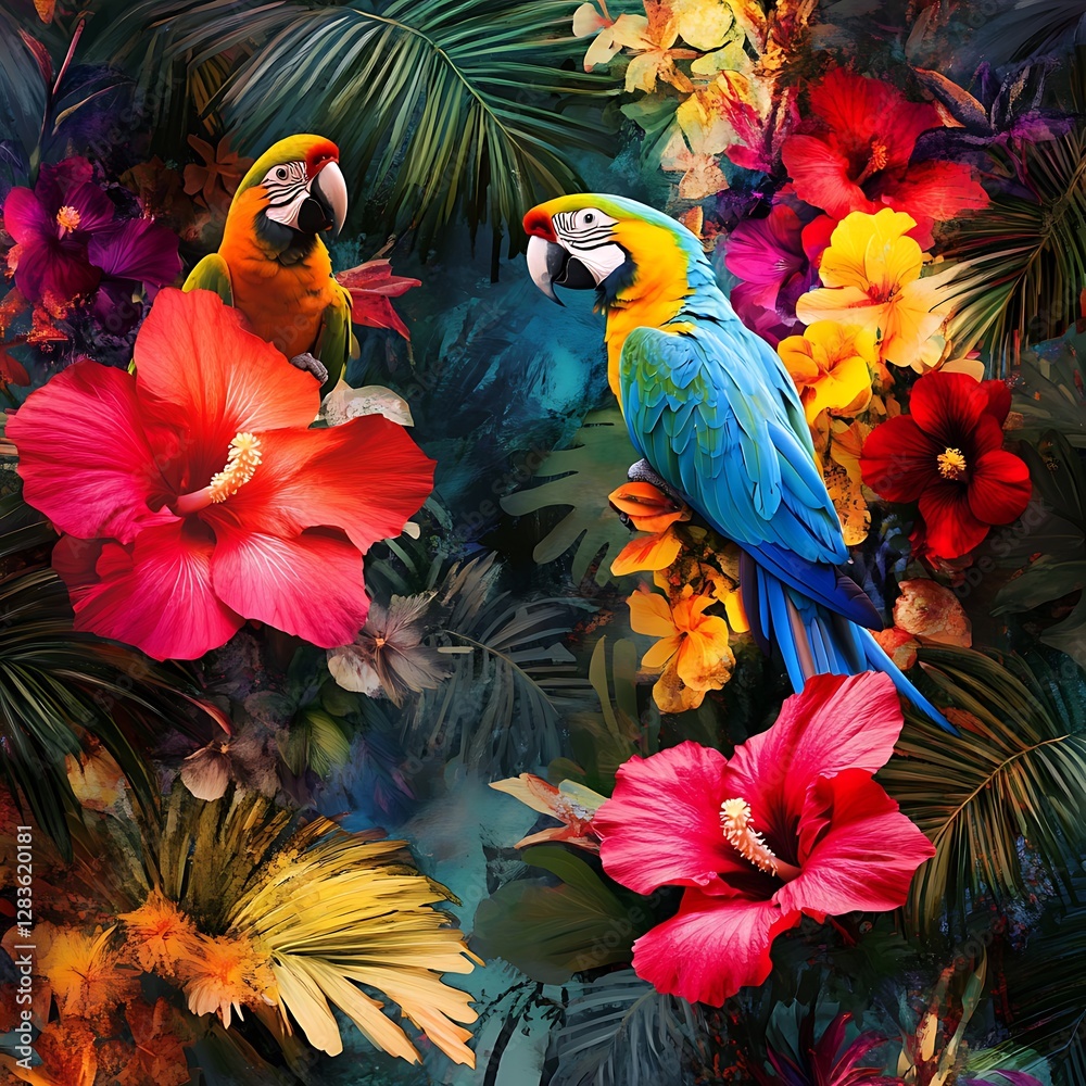 Fototapeta premium Vibrant Tropical Parrots Amidst Hibiscus and Lush Foliage