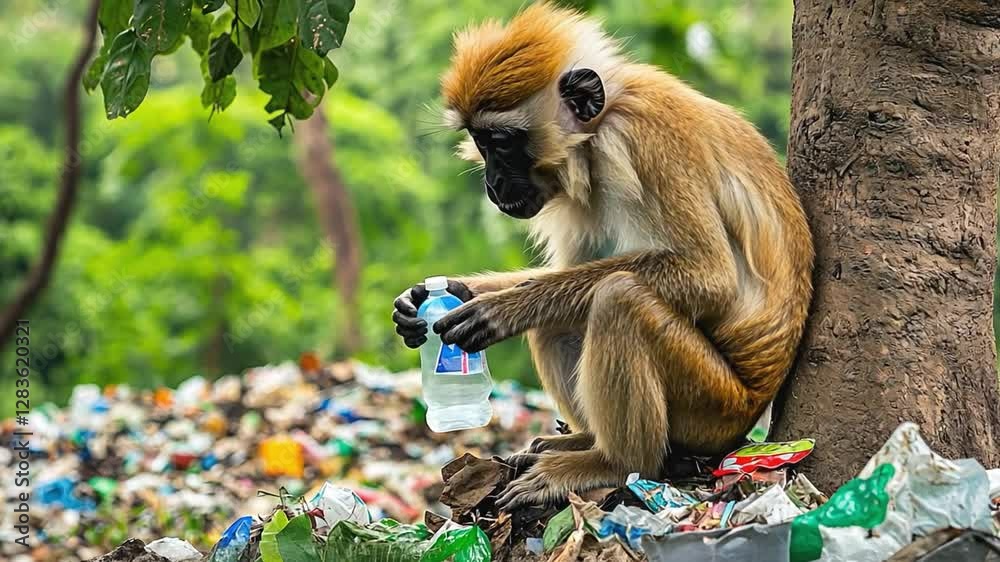 Patas monkey inspecting plastic bottle in a garbage dump