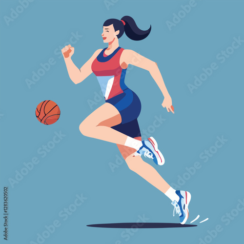 Dynamic Cartoon Woman Running with a Basketball