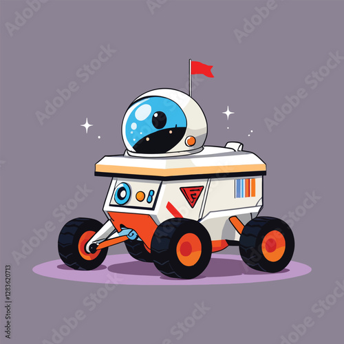 Cute Cartoon Moon Rover with Astronaut Helmet and Flag illustration vector icon sticker