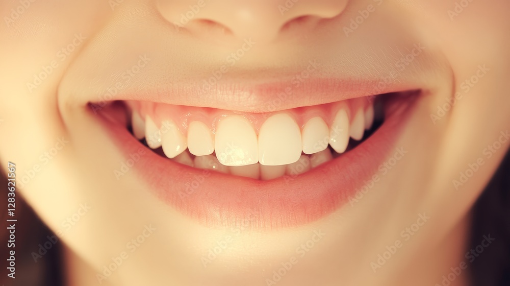 Fototapeta premium Close up of perfect smile showing healthy white teeth and pink lips, representing successful cosmetology or dentistry treatment for beautiful and confident appearance