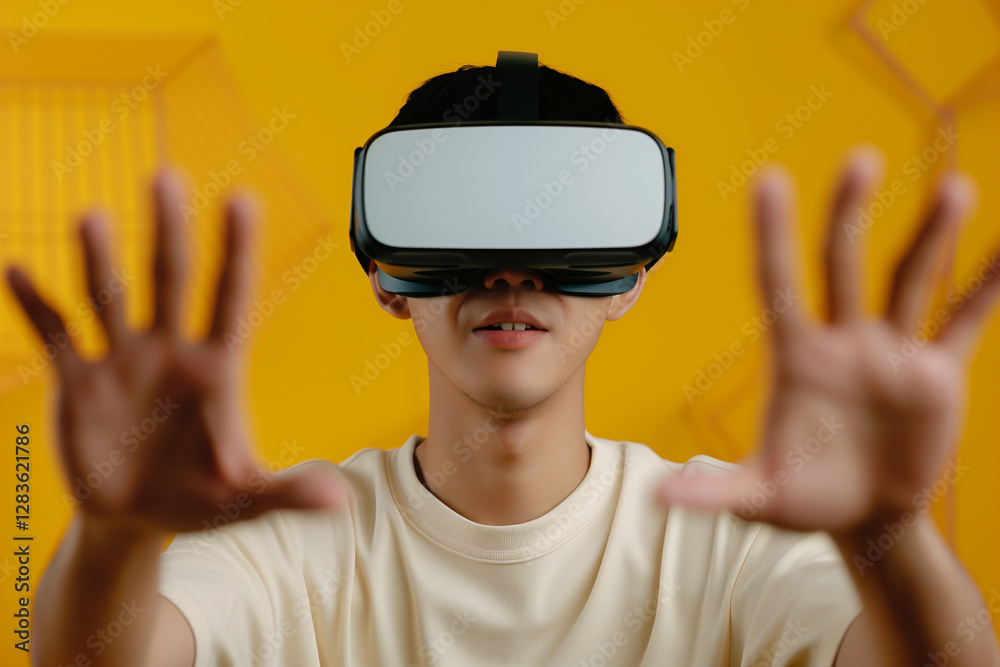Man engages with virtual reality technology while wearing a headset in a studio setting Man engages with virtual reality technology while wearing a headset in a studio setting