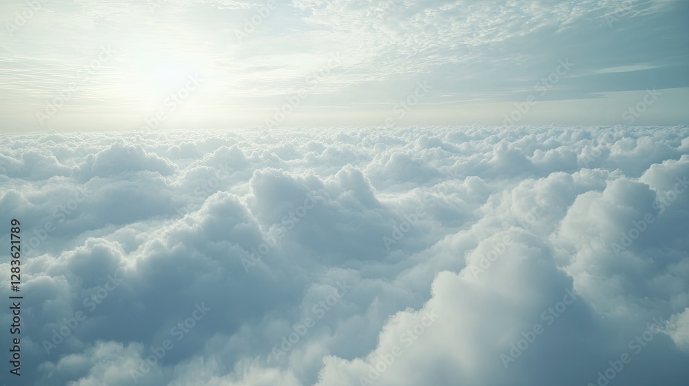 Naklejka premium Above the Clouds: A breathtaking aerial view of a sea of fluffy, white clouds stretching endlessly towards the horizon under a bright sky.