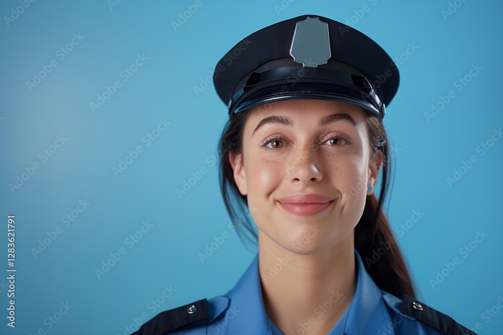 Woman in police uniform respectfully nodding in studio setting with blue background Woman in police uniform respectfully nodding in studio setting with blue background