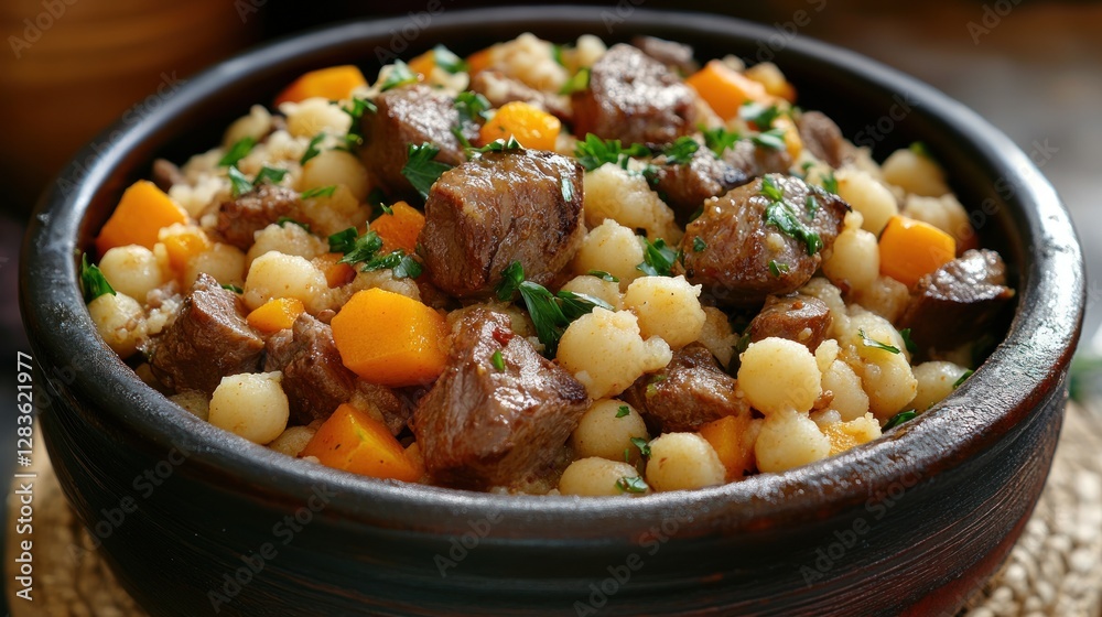 Rustic Moroccan couscous with tender meat and fresh veggies Rustic Moroccan couscous with tender meat and fresh veggies