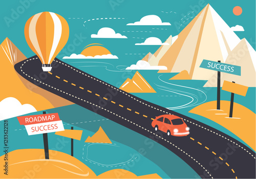 Success roadmap journey, milestone or career path achievement, route or pathway to achieve goals, accomplishment, assessment or way to success, The Road to Innovation and Growth