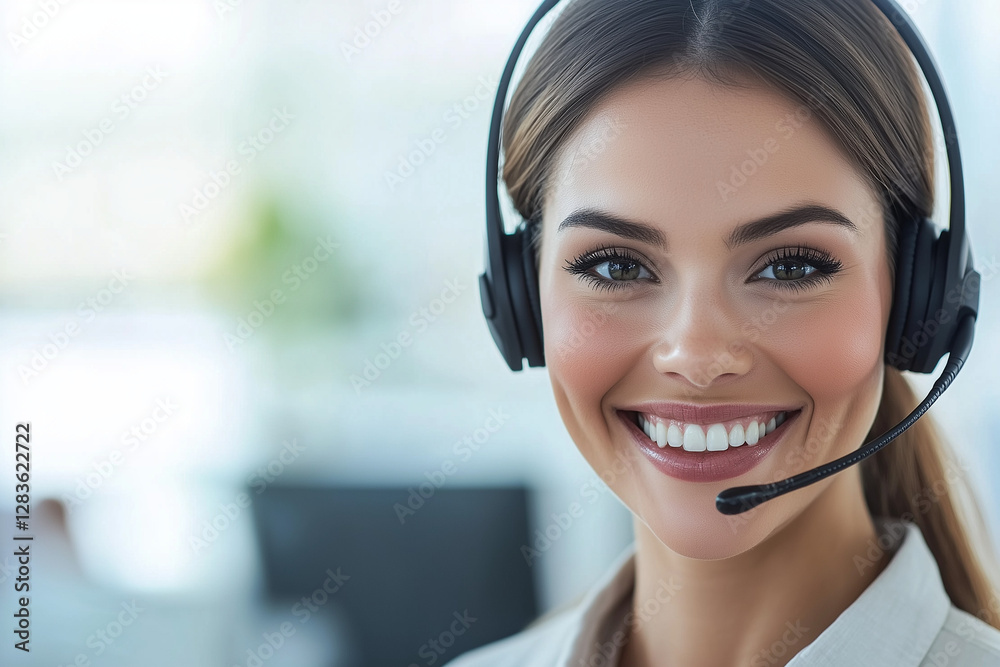 A friendly customer service representative wearing a headset, smiling while assisting a client with copy space. Soft professional lighting. A friendly customer service representative wearing a headset, smiling while assisting a client with copy space. Soft professional lighting.