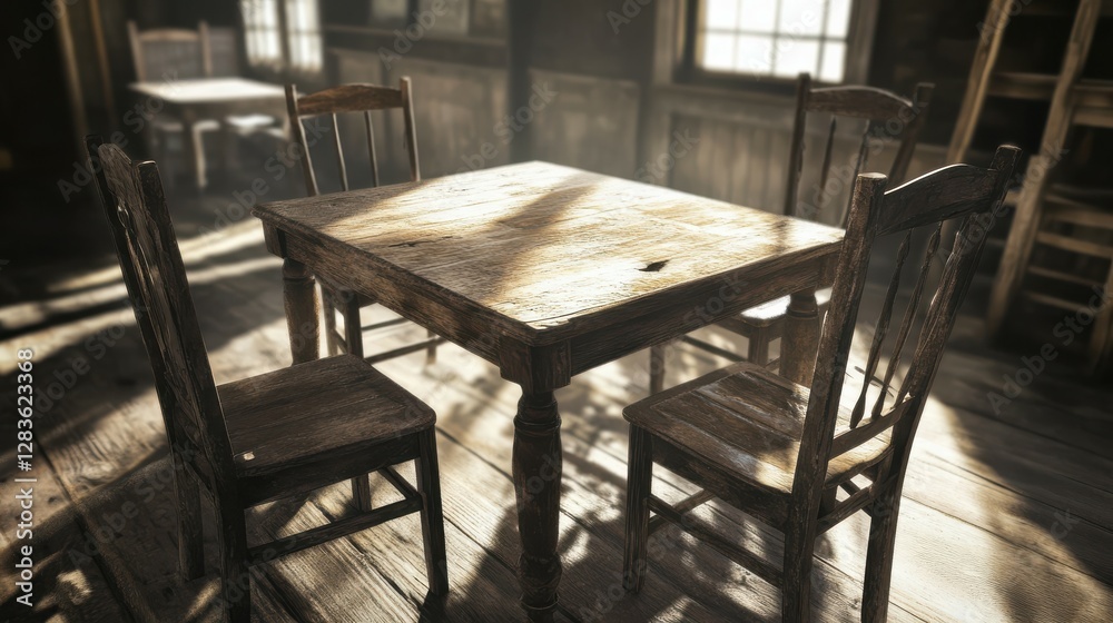 Rustic wooden table and chairs in sunlit room with dust particles floating Rustic wooden table and chairs in sunlit room with dust particles floating
