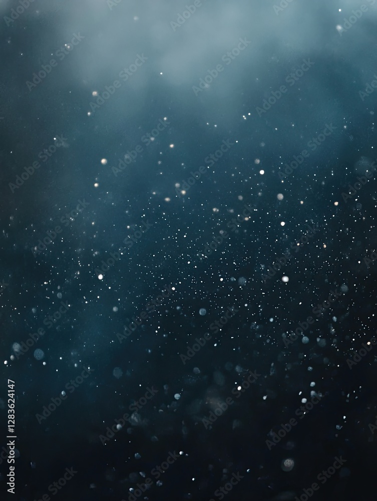 Fototapeta premium Celestial Dance: Captivating image of tiny glowing particles scattered against a moody, atmospheric blue background, reminiscent of a starlit night sky or underwater scene.
