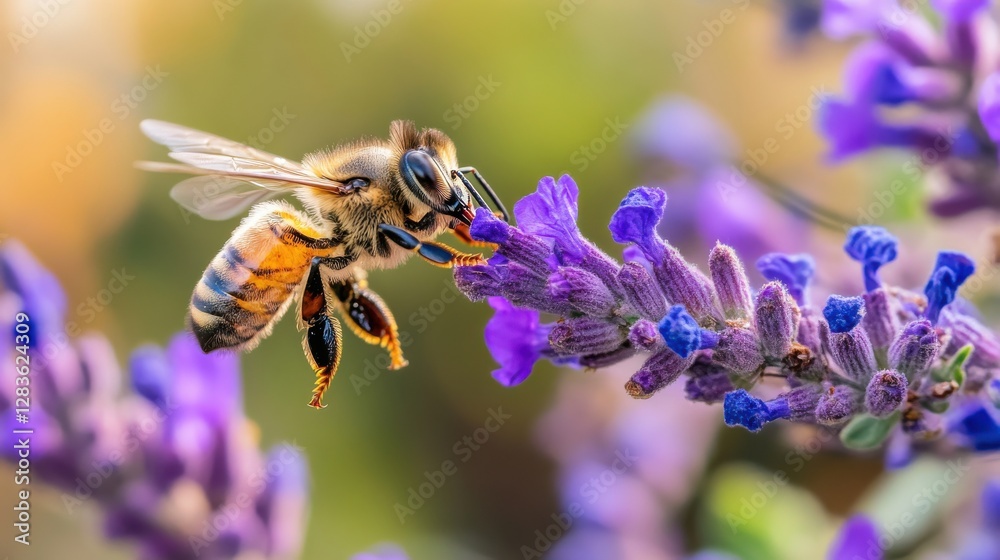 wildflower meadow A bee collecting nectar from a vibrant purple flower against a blurred background. wildflower meadow A bee collecting nectar from a vibrant purple flower against a blurred background.
